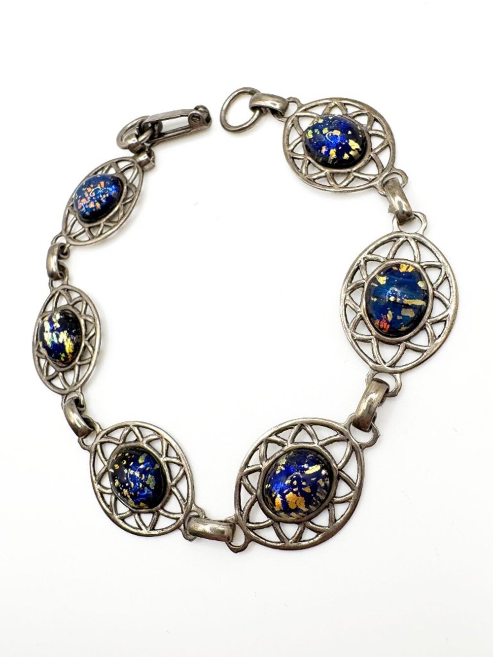 Vintage Blue Foil Confetti Glass Bracelet Silver Tone